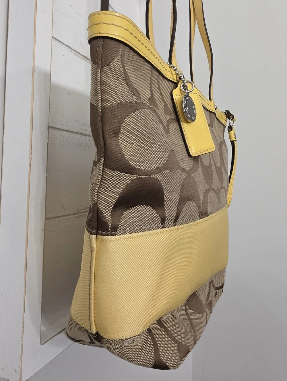 2000s Coach Signature Stripe Zip Top Tote Brown/khaki And Yellow F13548